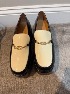 Ganni Black and Cream Faux Leather Patebt Loafers